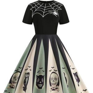 Retro Stage - 1950s Style Halloween Spider Web Print Patchwork Dress